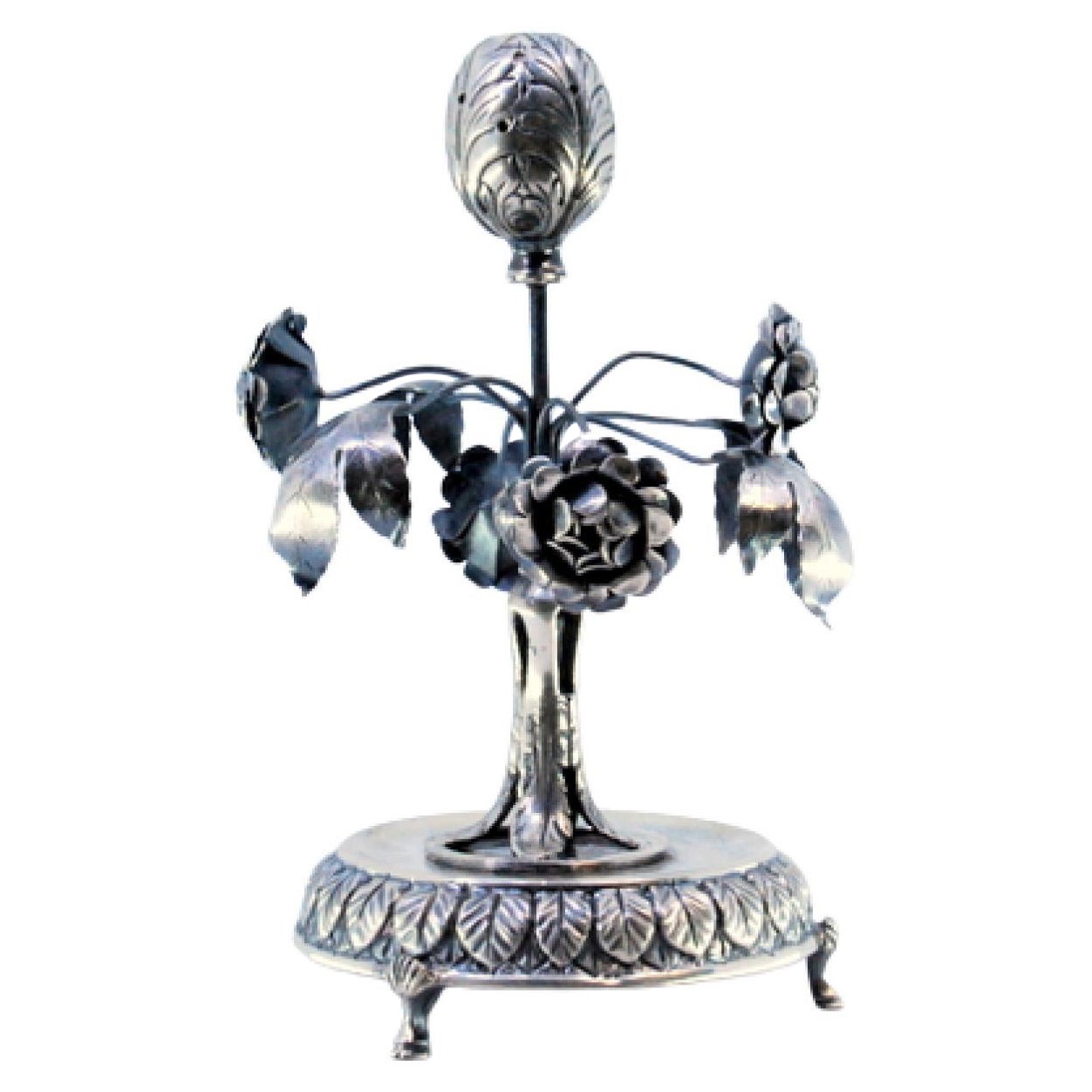 Silver toothpick holder with leaves, flowers, bulb, on raised base