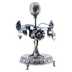 Silver toothpick holder with leaves, flowers, bulb, on raised base