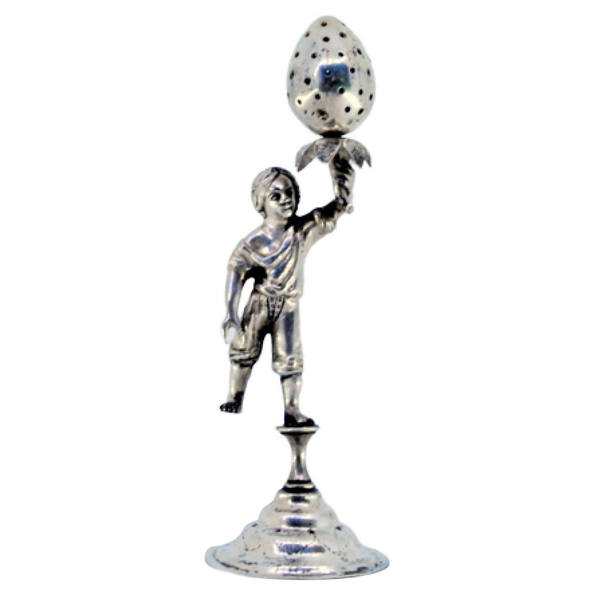 Silver toothpick holder with male figure holding strawberry on engraved base