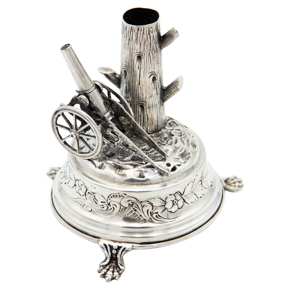Silver toothpick holder with miniature cannon and tree For Sale