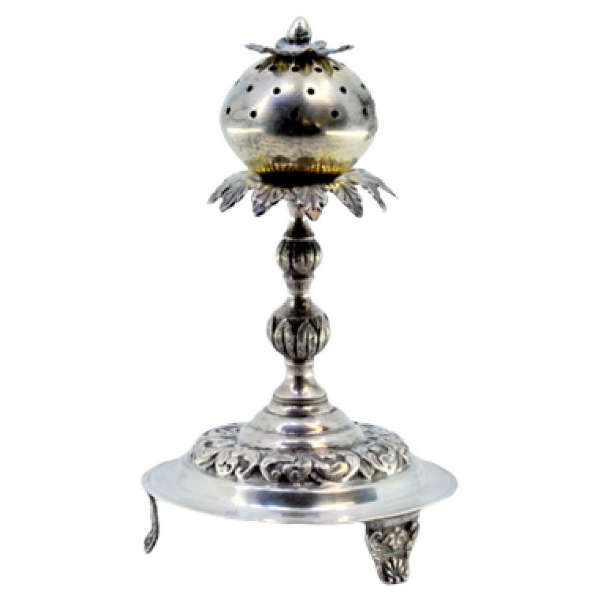 Silver toothpick holder with palm tree ball on a base with engraved scrolls