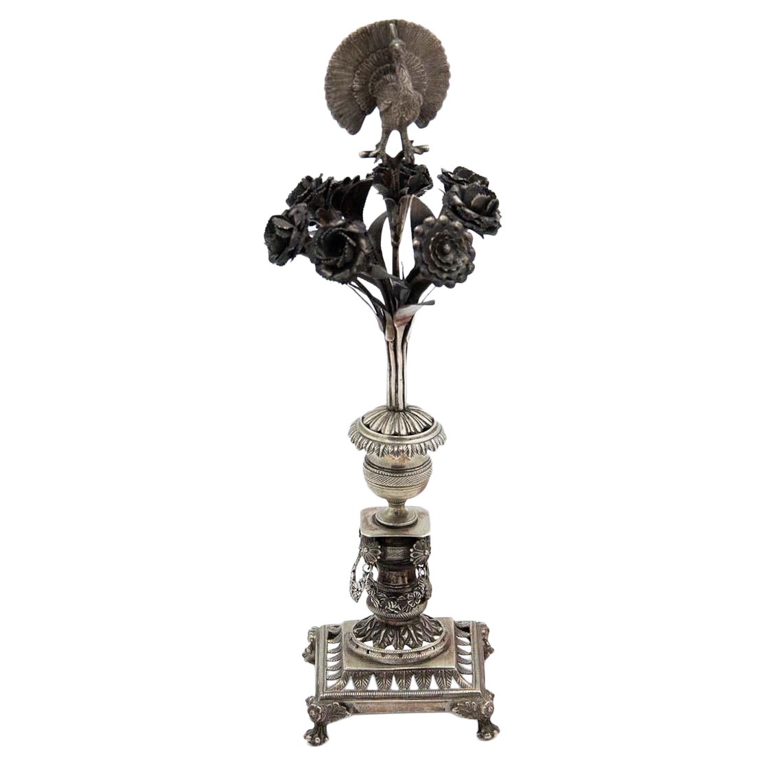 Silver toothpick holder with peacock figure