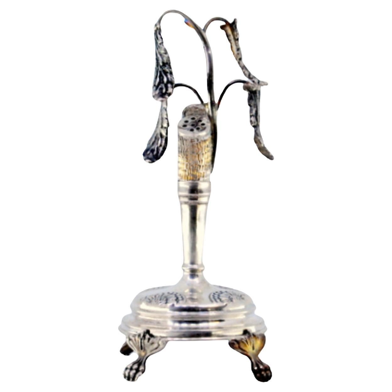 Silver toothpick holder with plant branches on a tree trunk For Sale