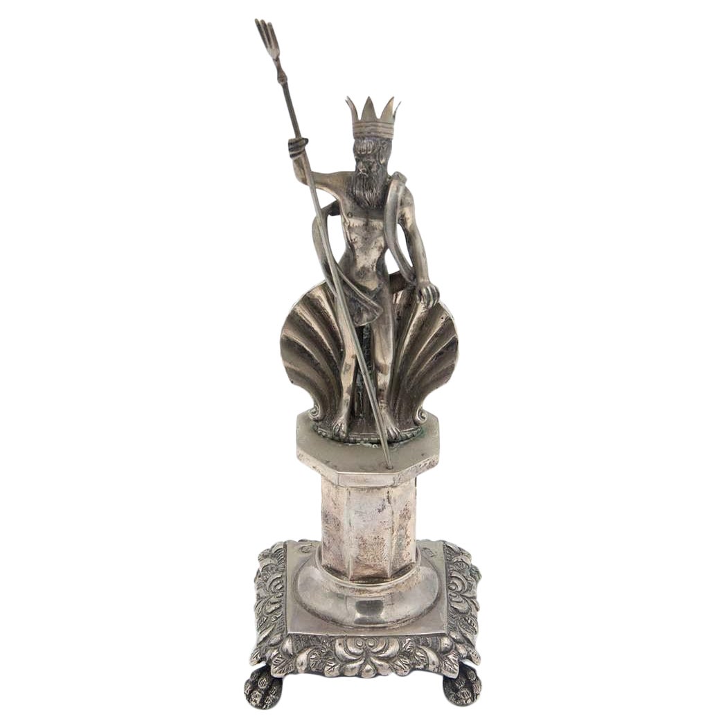Silver toothpick holder with Poseidon resting on a quadrangular plinth