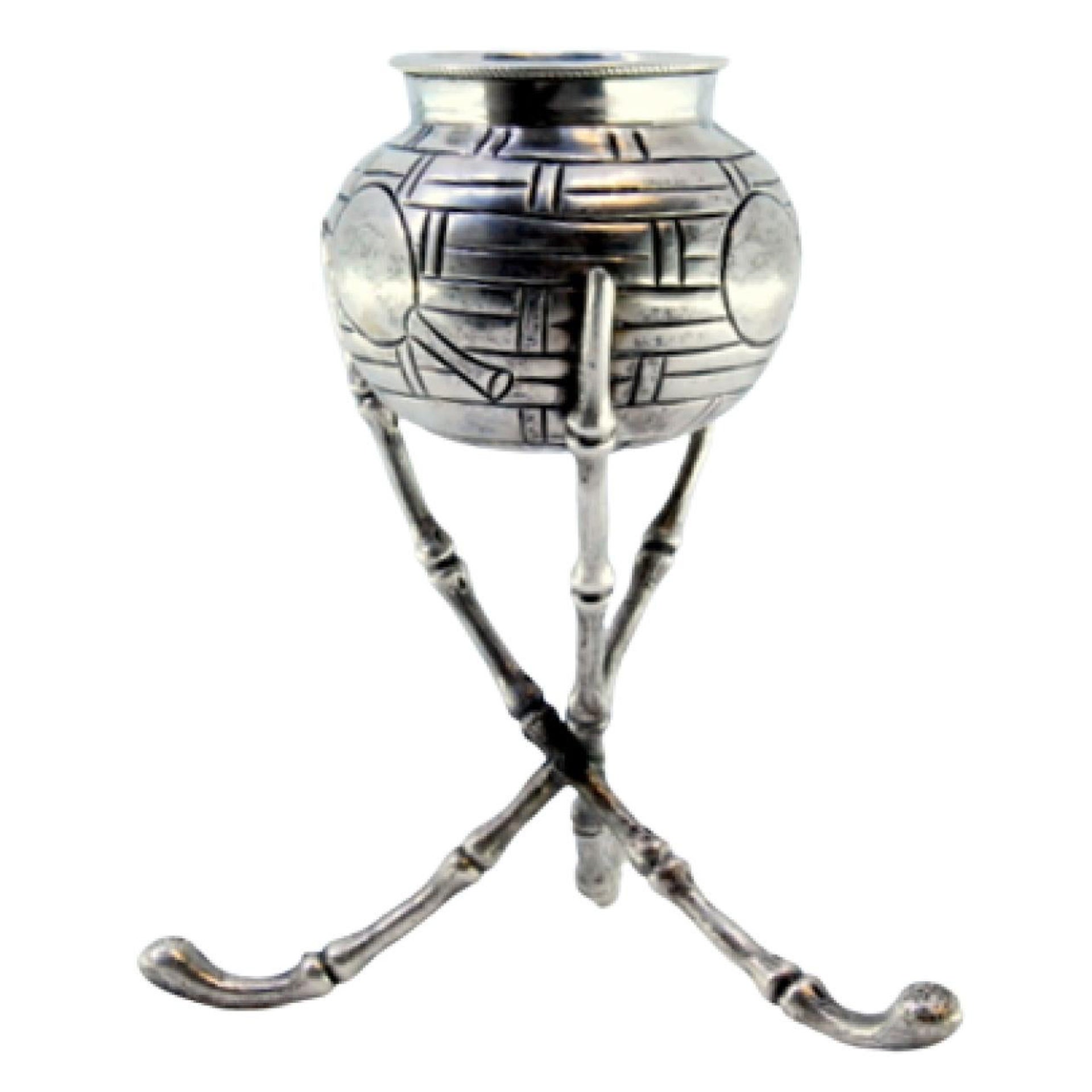 Silver toothpick holder with pot supported by bamboo canes on three legs
