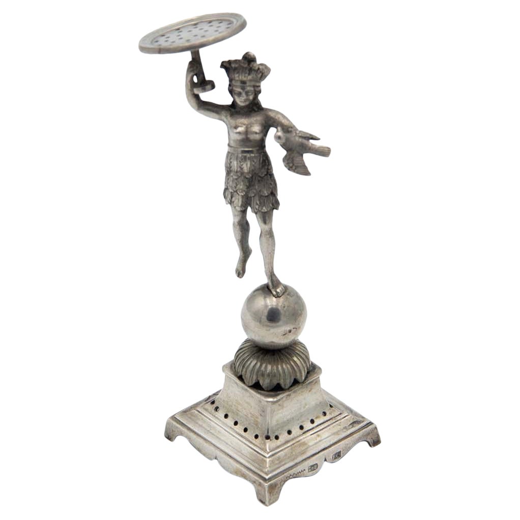 Silver toothpick holder with pre-Columbian female figure