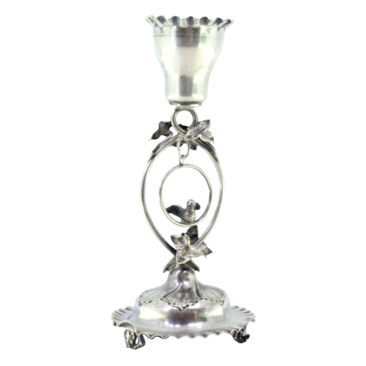 Silver toothpick holder with rimmed chalice on acanthus column and bird