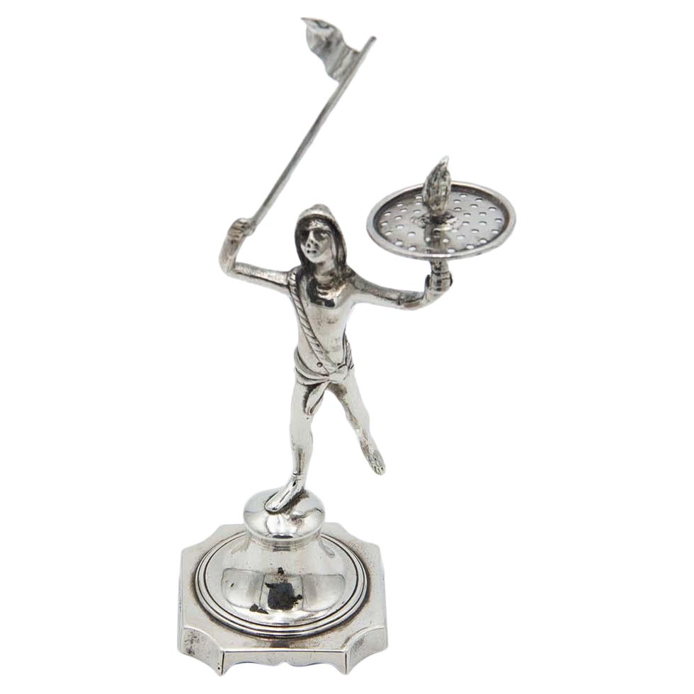 Silver toothpick holder with salesman figure