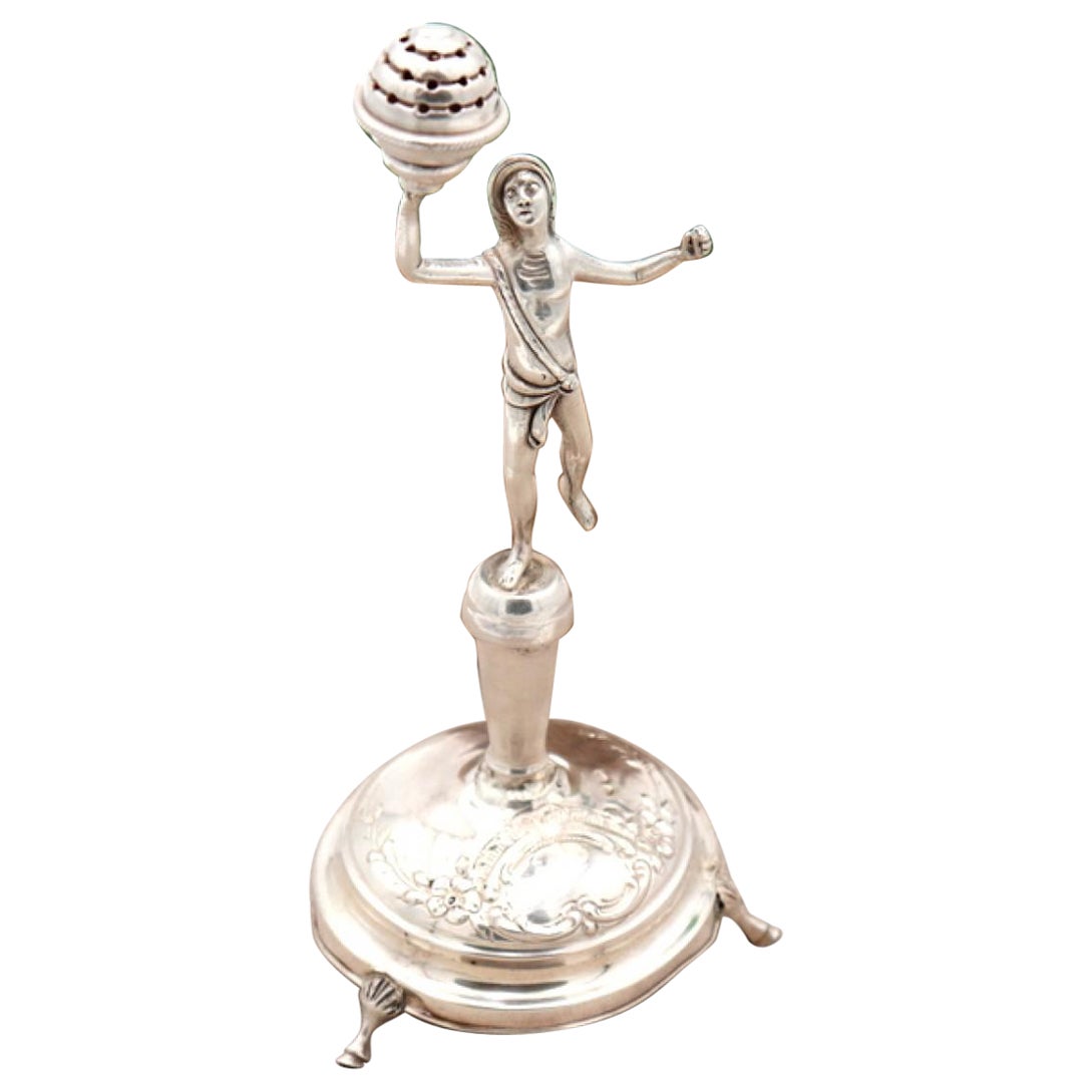 Silver toothpick holder with salesman hawking For Sale