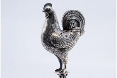 Silver toothpick holder with standing rooster rack on four hollow feet