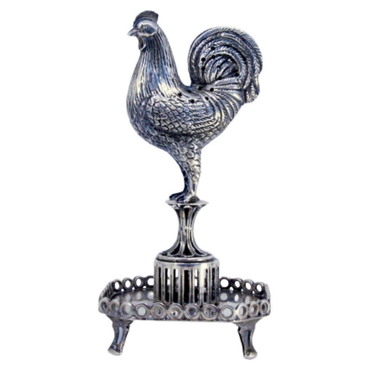 Silver toothpick holder with standing rooster rack on four hollow feet