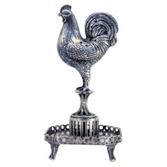 Silver toothpick holder with standing rooster rack on four hollow feet