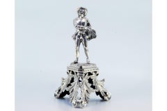 Silver toothpick holder with troubadour on pedestal