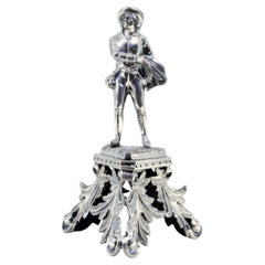 Silver toothpick holder with troubadour on pedestal