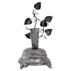 Silver toothpick holder with vine leaves and vintage basket