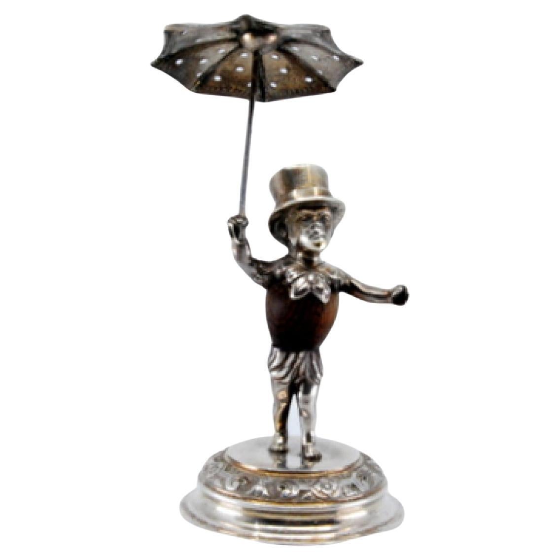 Silver toothpick holder with wooden body figure