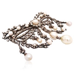 Silver-top 18K Gold Diamond Natural Pearl Brooch, GIA