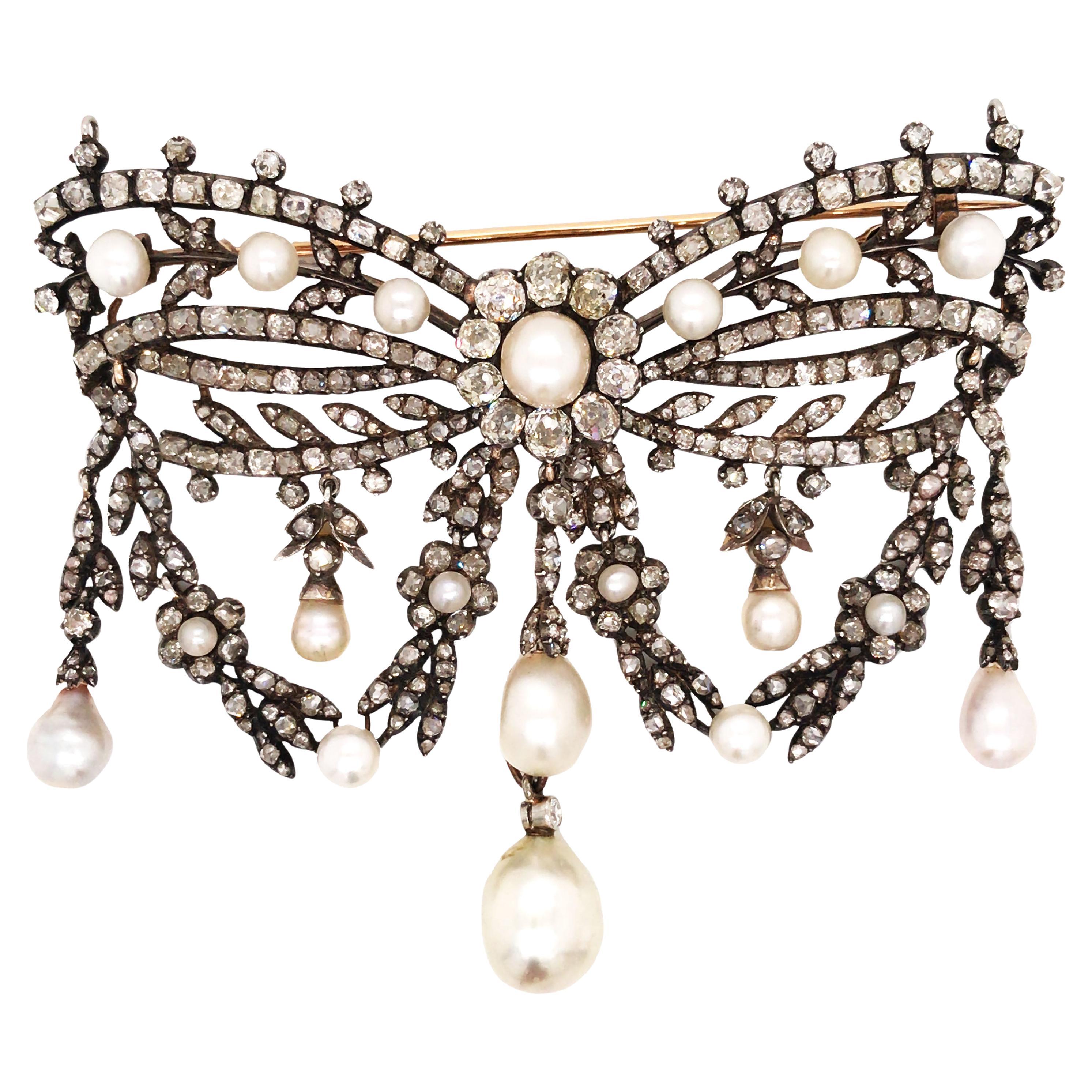 Silver-top 18K Gold Diamond Pearl Brooch, GIA
