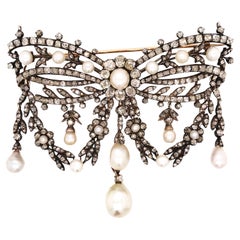 Silver-top 18K Gold Diamond Pearl Brooch, GIA
