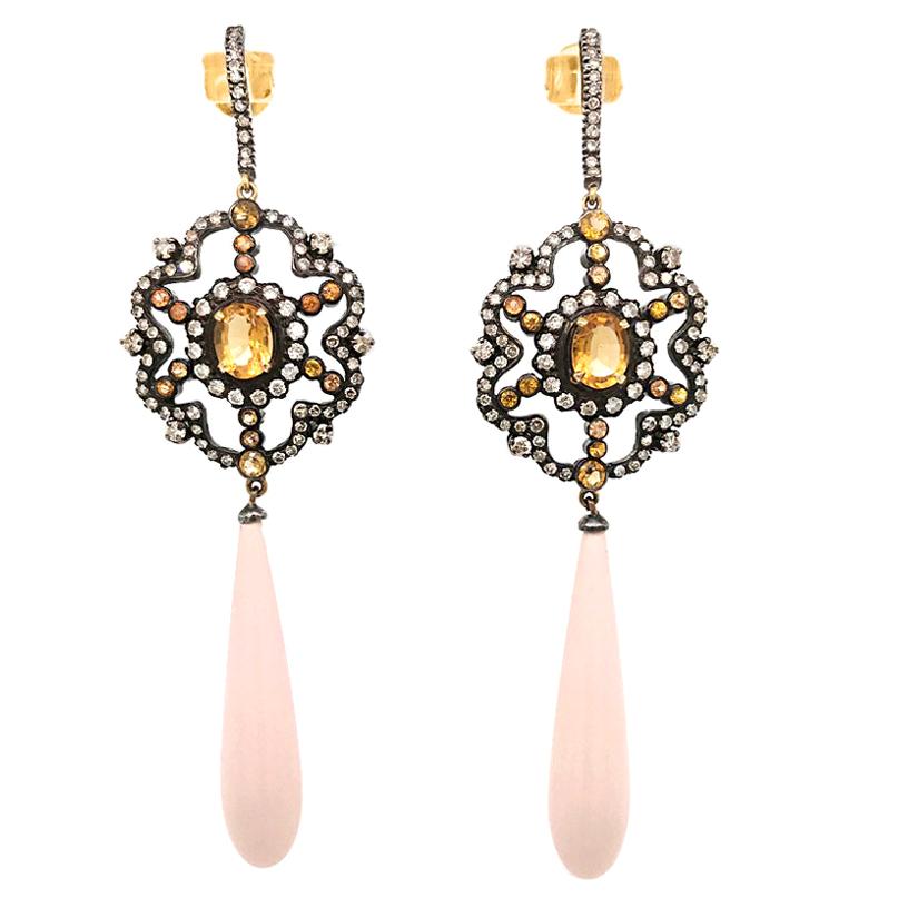 Silver-Top-Gold Diamond Citrine Coral Earrings