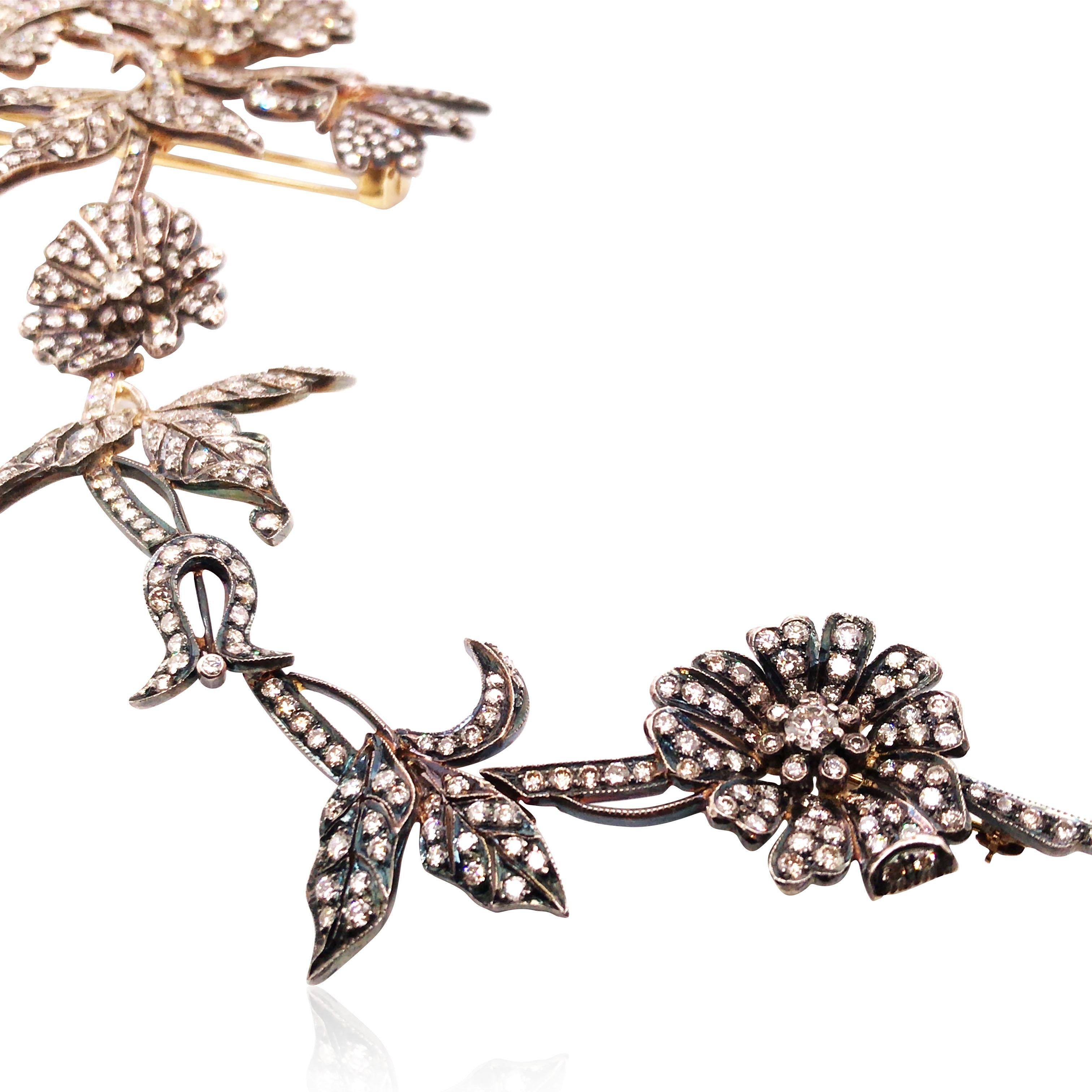 Round Cut Silver-Topped 14K Gold Color Diamond Corsage Brooch For Sale