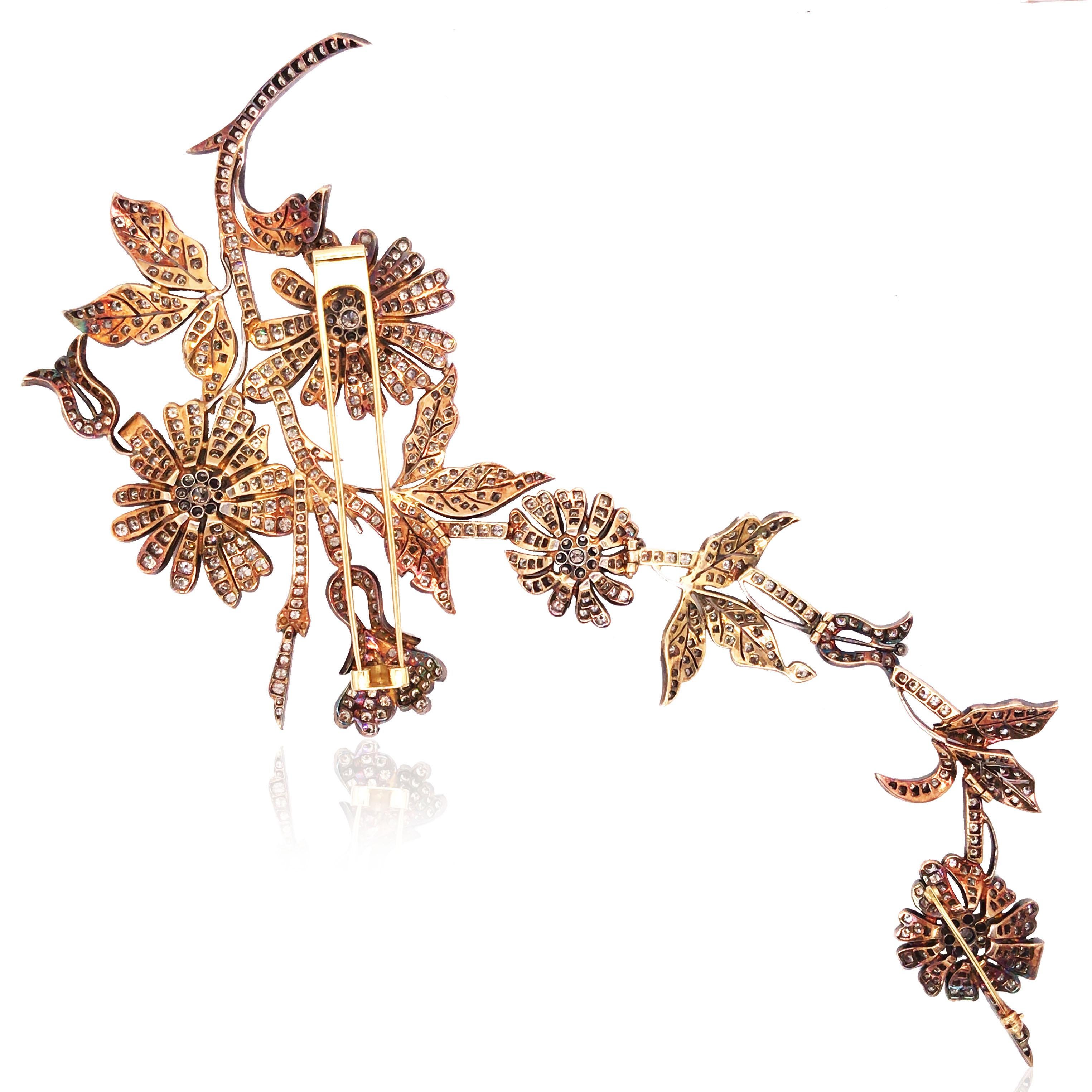 Silver-Topped 14K Gold Color Diamond Corsage Brooch In Good Condition For Sale In New York, NY