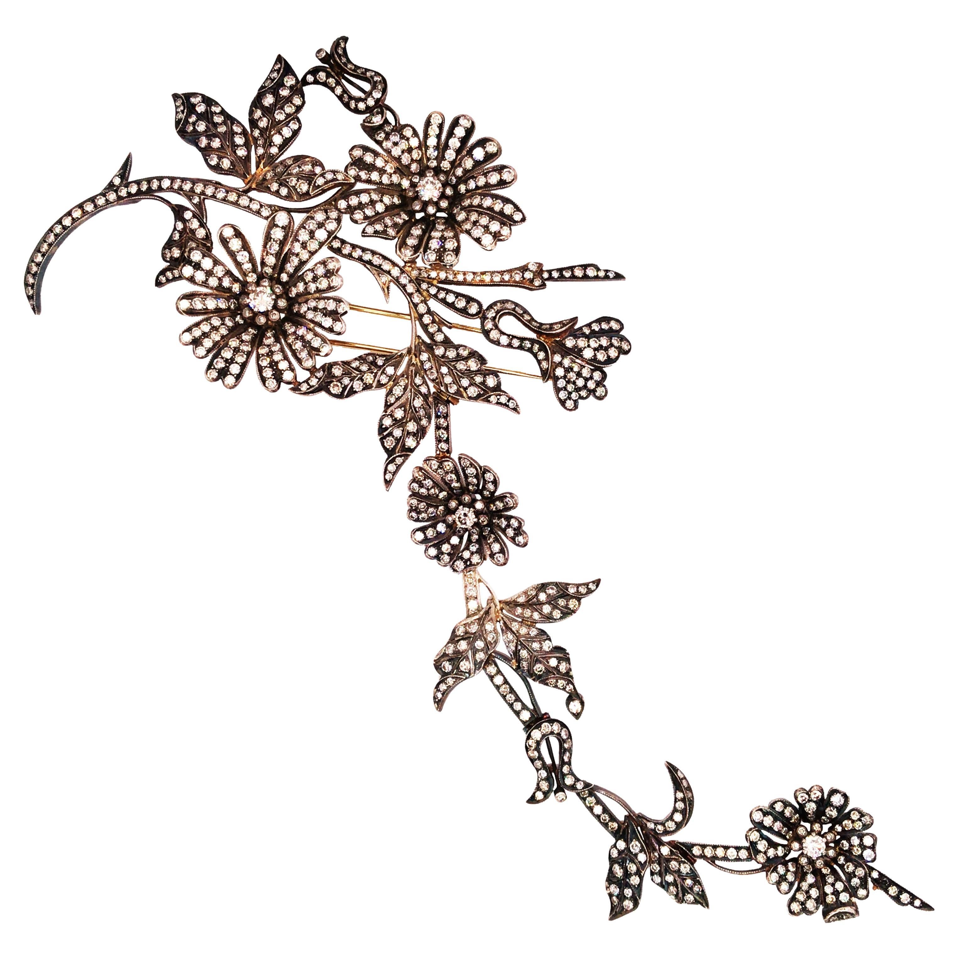 Silver-Topped 14K Gold Color Diamond Corsage Brooch For Sale