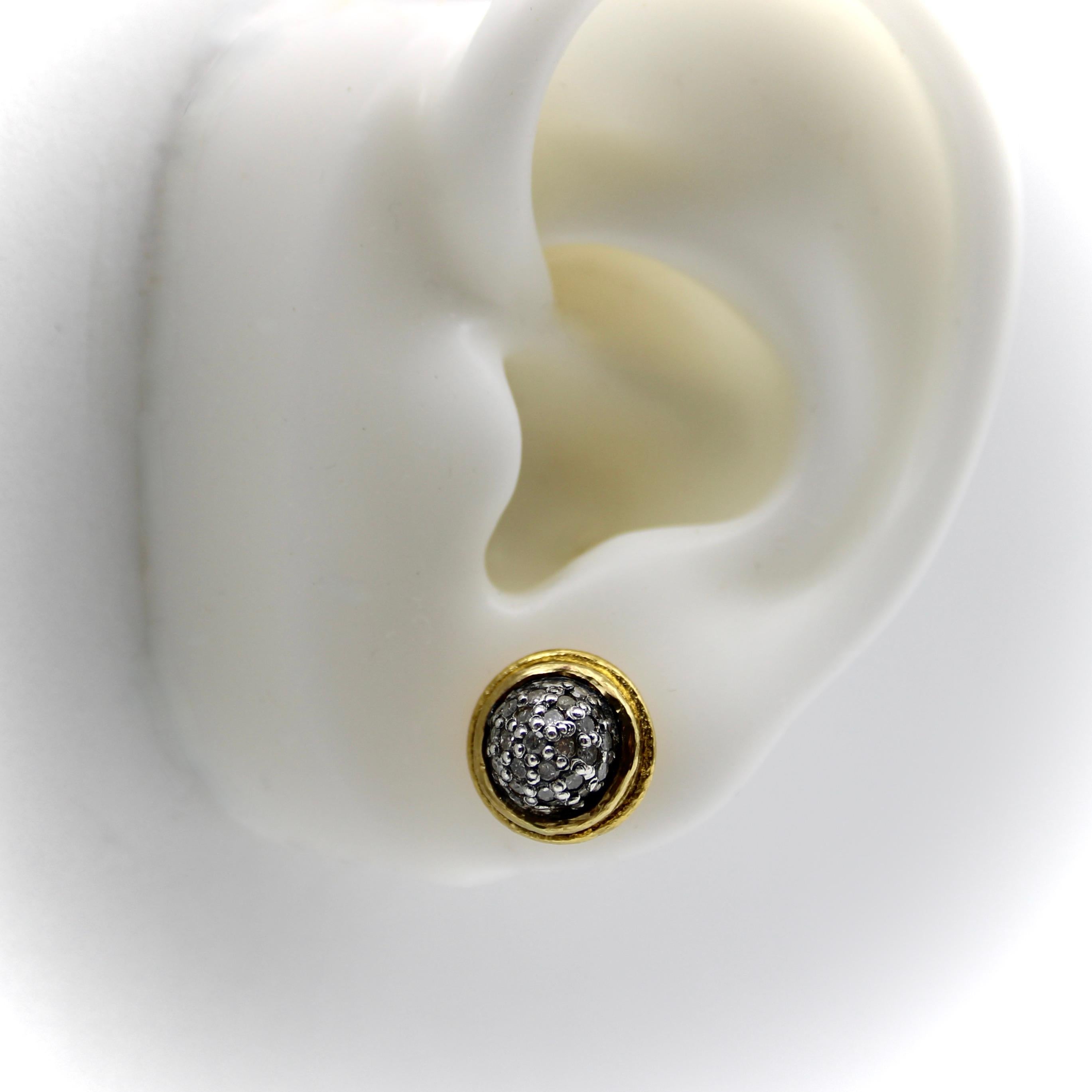 Contemporary Silver Topped 22K Gold Hand-Hammered Diamond Stud Earrings
