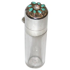 Antique Silver Topped Glass Scent Bottle Set with Moonstone and Turquoise, Samson Mordan
