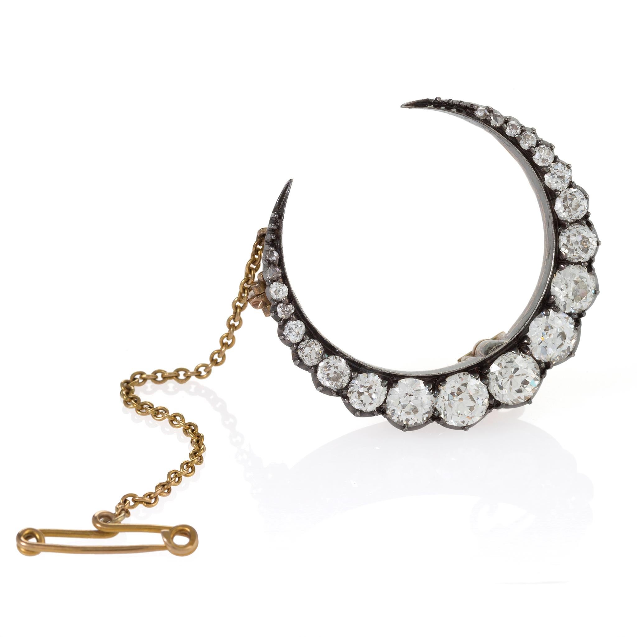 Old European Cut Silver-Topped Gold and Diamond Crescent Moon Brooch