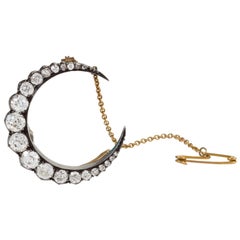Silver-Topped Gold and Diamond Crescent Moon Brooch