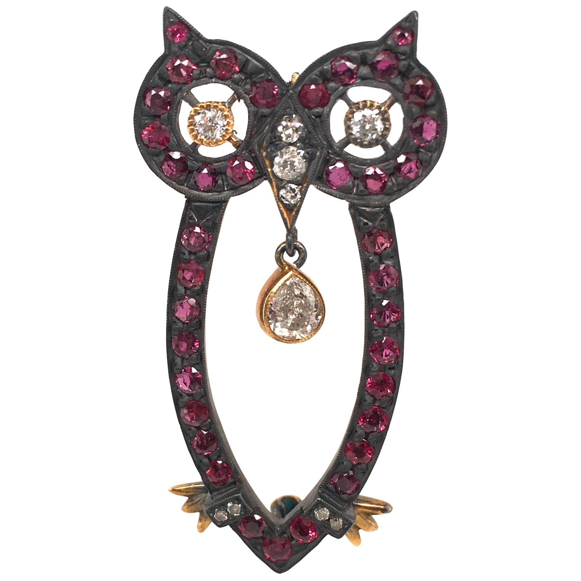 Silver Topped, Gold, Ruby and Diamond Owl Brooch