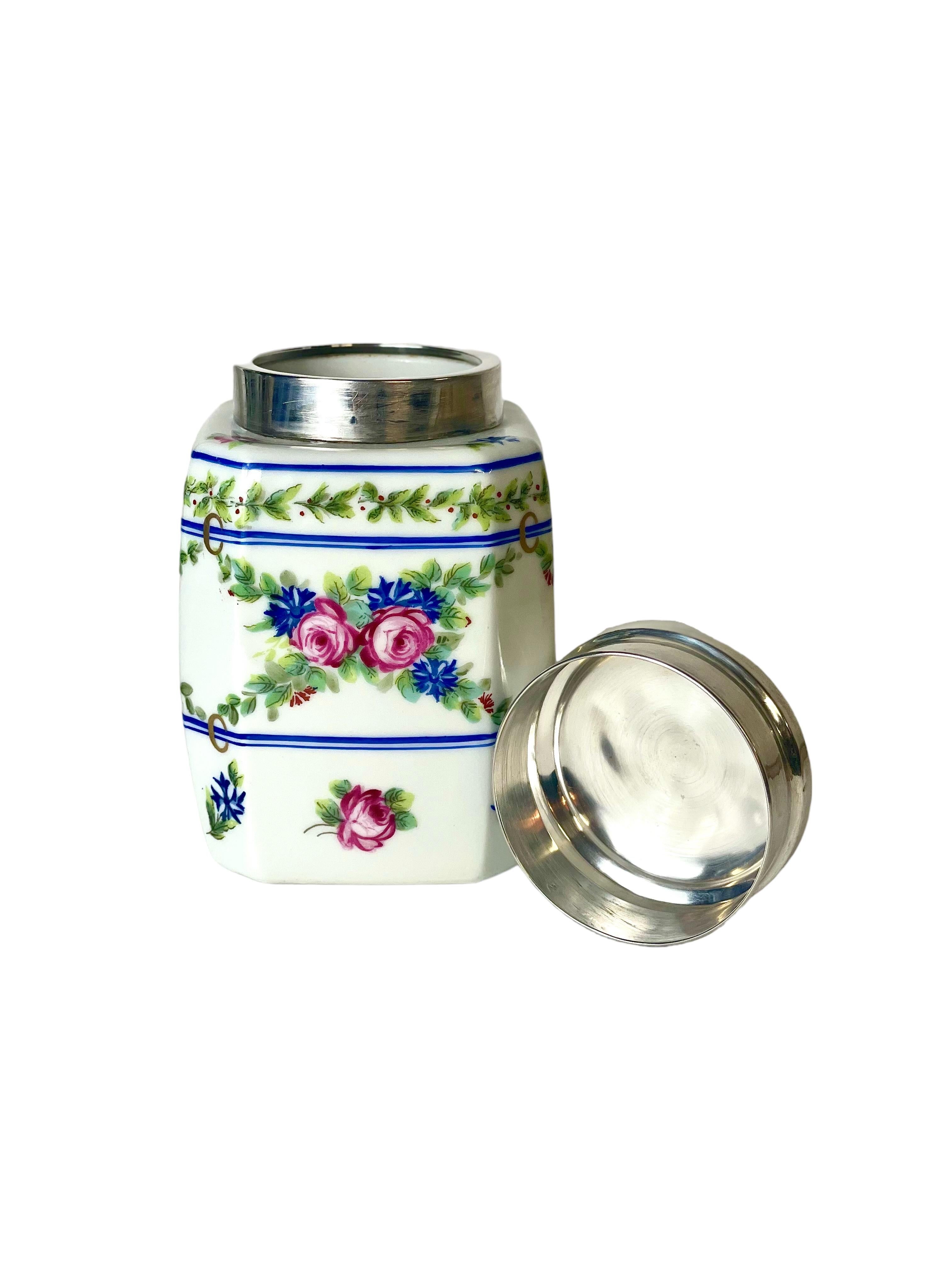 French Limoges Porcelain Jar with Silver Lid For Sale