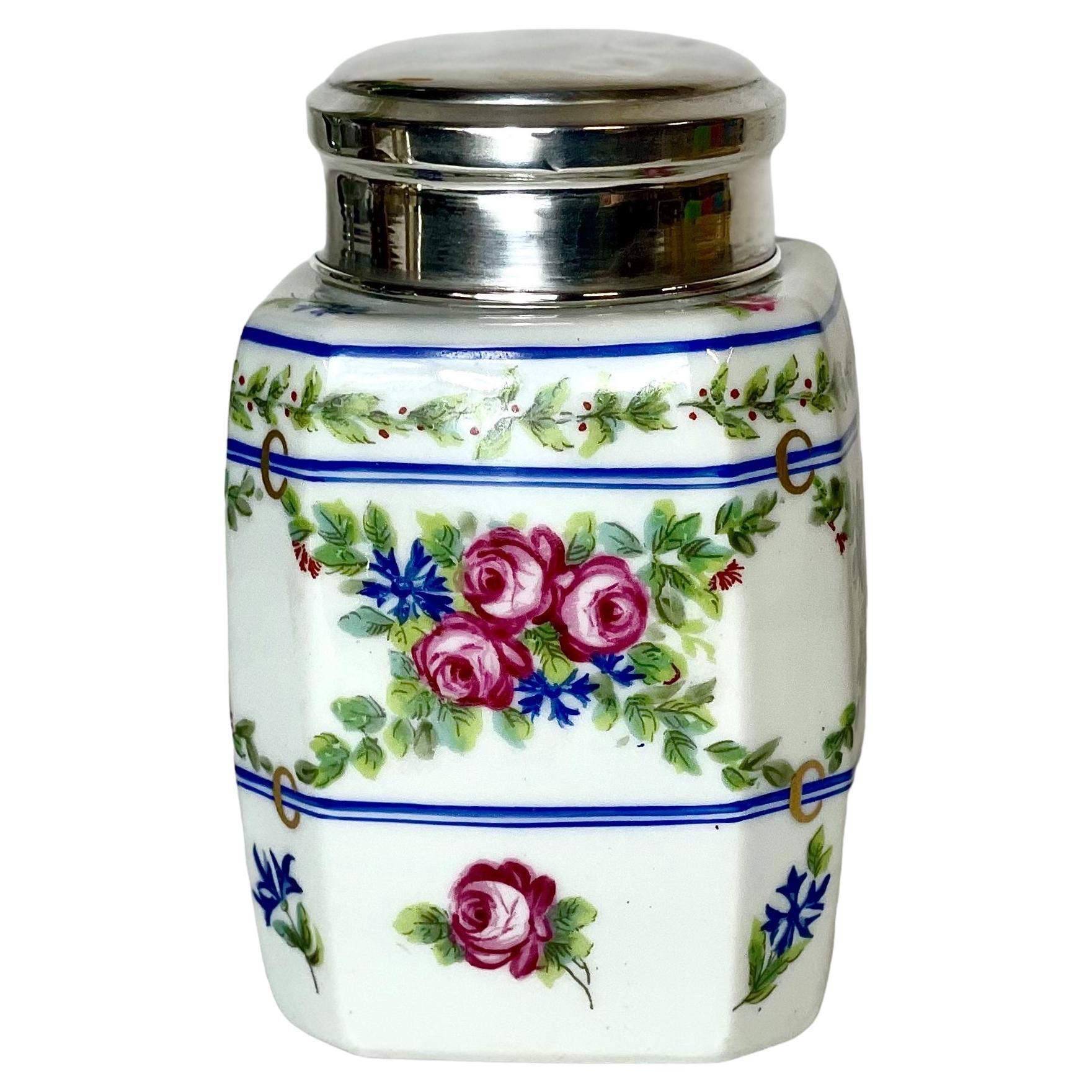 Limoges Porcelain Jar with Silver Lid For Sale