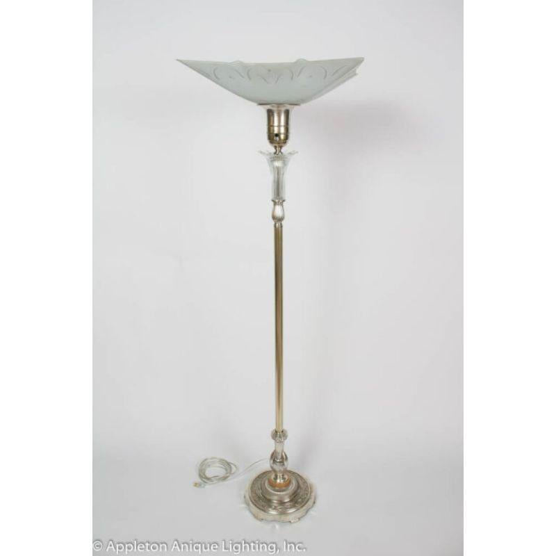 Silver Torchiere with Square Glass Shade In Excellent Condition In Canton, MA