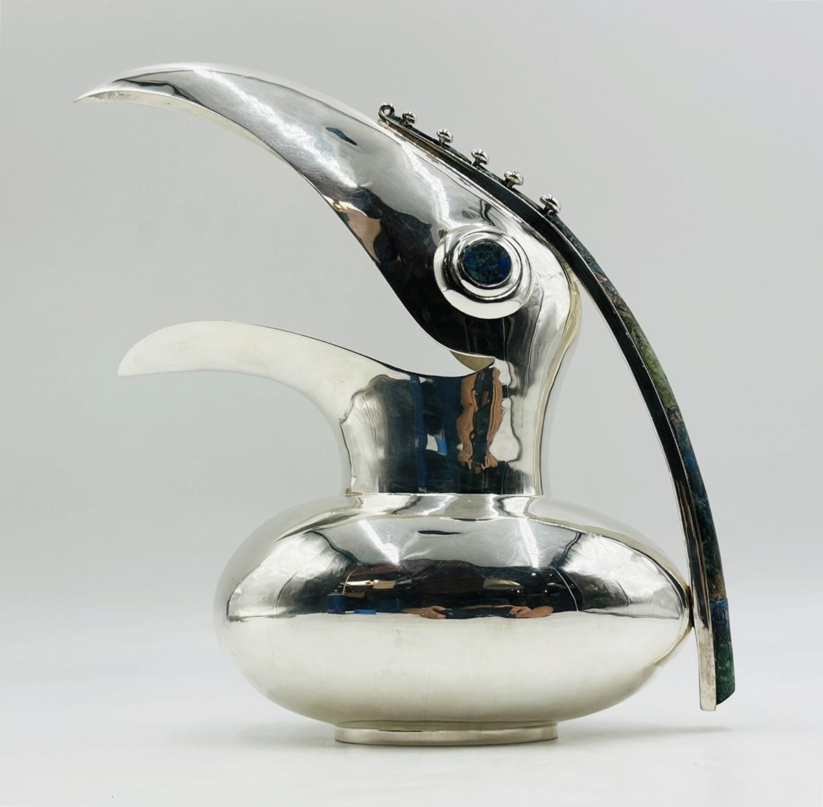 Mid-Century Modern Silver Toucan Pitcher with Lapis Lazuli & Azurite Inlay by Los Castillo