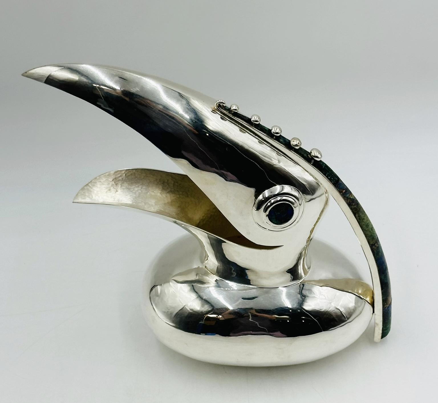 Hand-Crafted Silver Toucan Pitcher with Lapis Lazuli & Azurite Inlay by Los Castillo