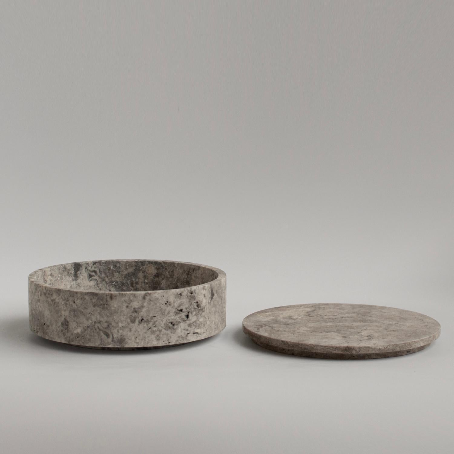 Modern Silver Travertine Cylinder Bowl with Lid For Sale