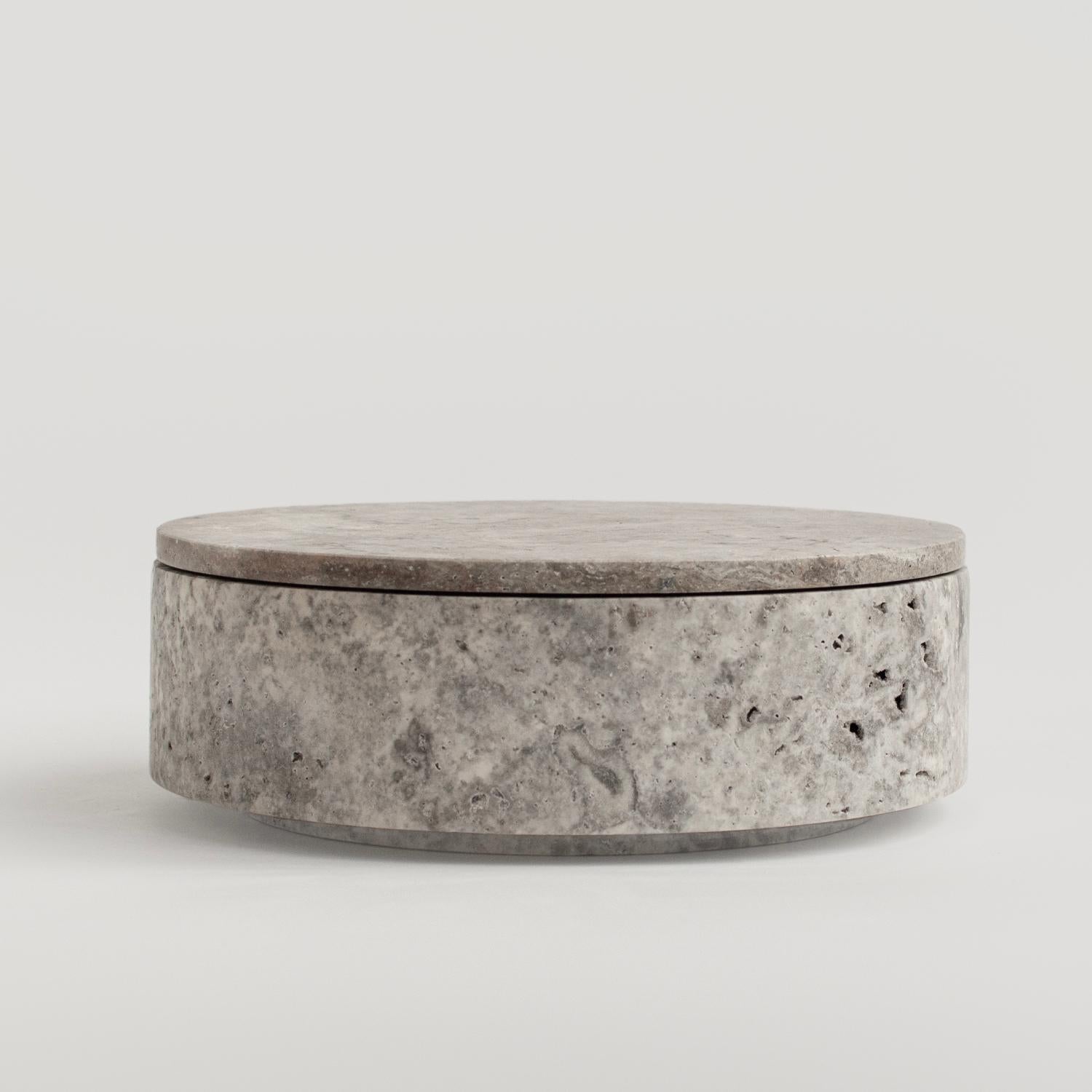 Hand-Crafted Silver Travertine Cylinder Bowl with Lid For Sale