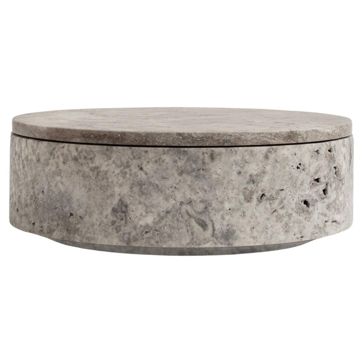 Silver Travertine Cylinder Bowl with Lid For Sale