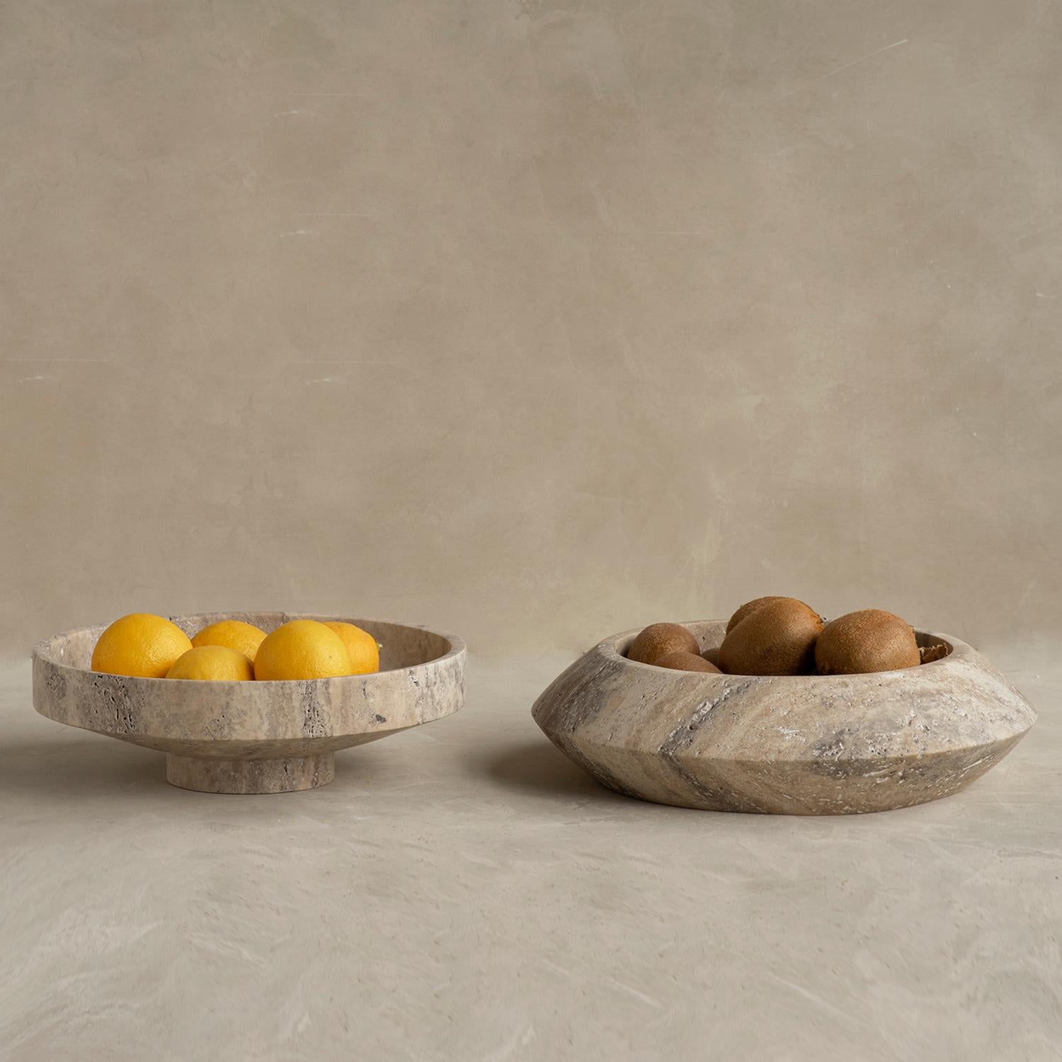 Hand-Carved Silver Travertine Narrow Bowl For Sale