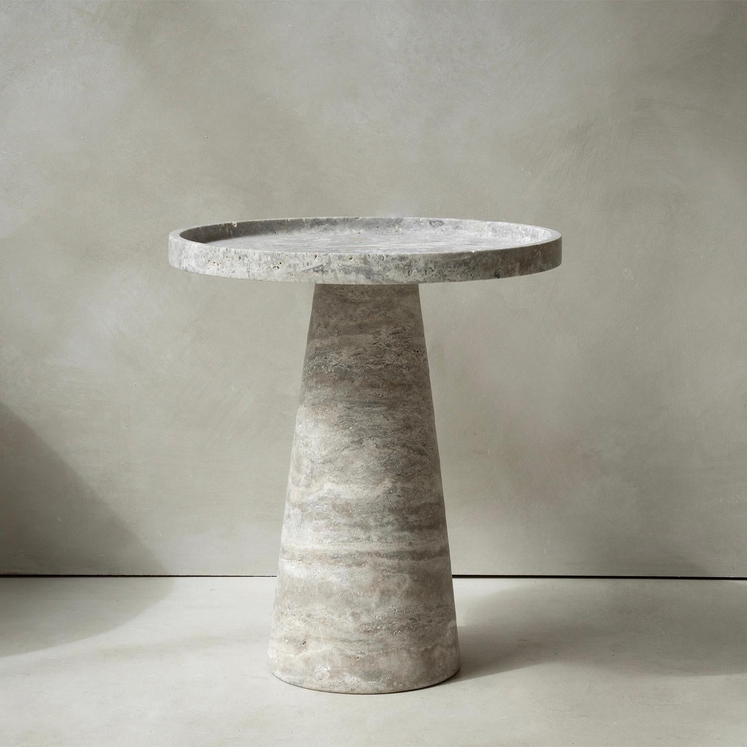 Dutch Silver Travertine Pedestal Side Table For Sale