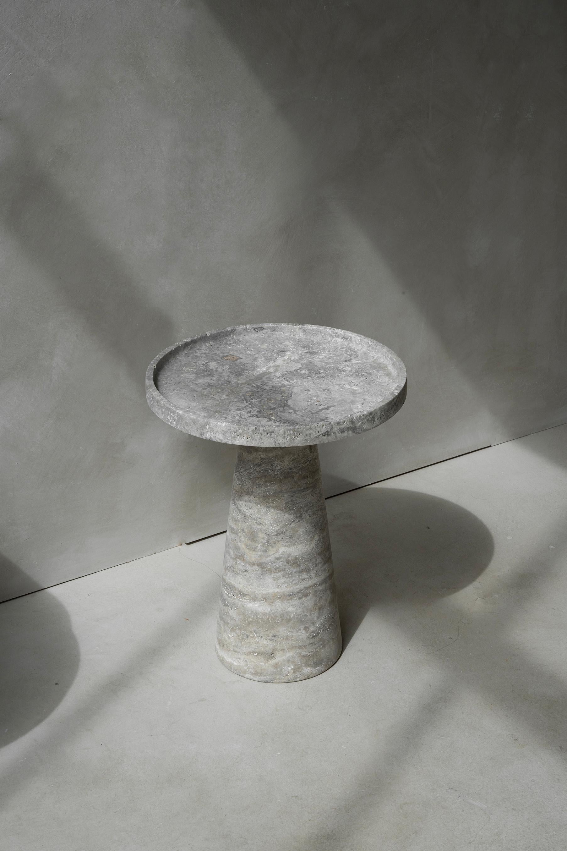 Contemporary Silver Travertine Pedestal Side Table For Sale