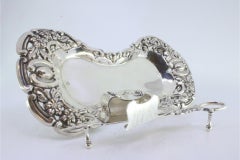 Silver tray & scissors w/ cutouts, floral reliefs & shell/flower feet