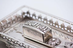 Silver tray & scissors w/ grid, cut-out feet & fish/floral scissors