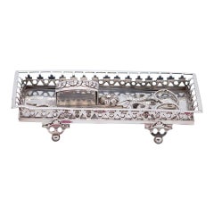 Silver tray & scissors w/ grid, cut-out feet & fish/floral scissors