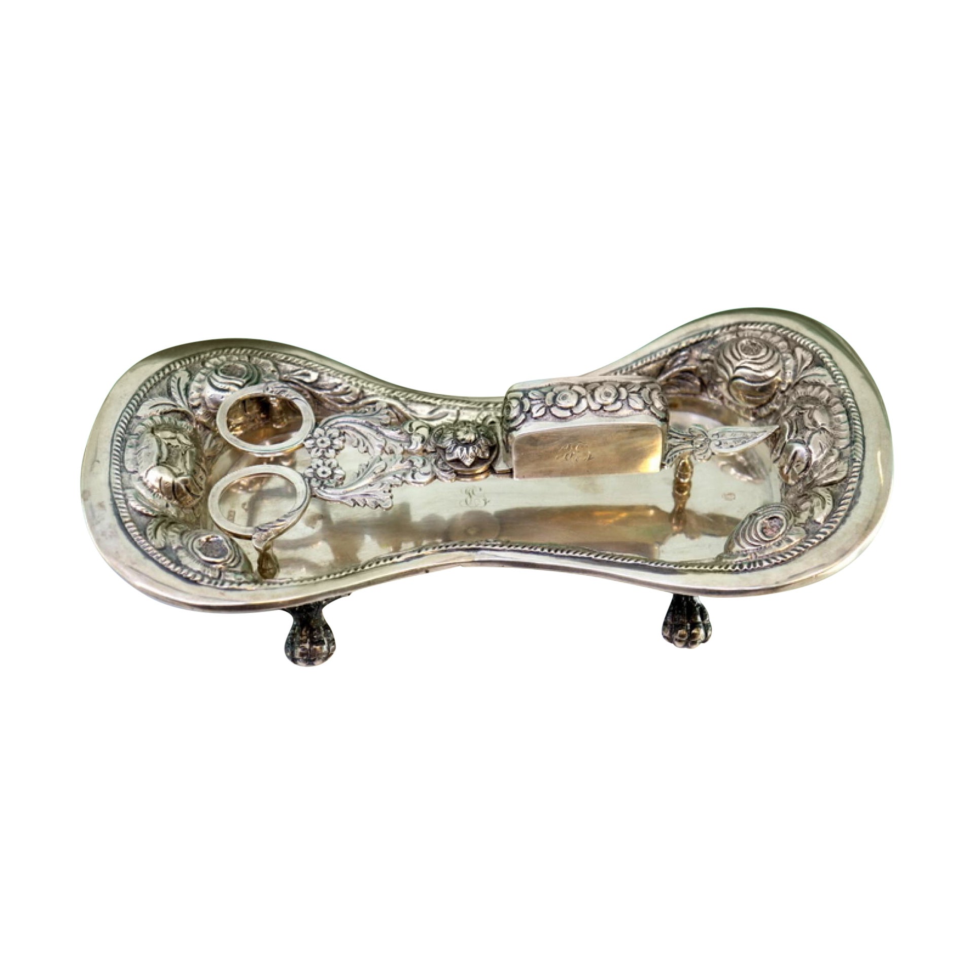 Silver tray 
scissors w/ revealed florals 
striated frieze on claw feet
