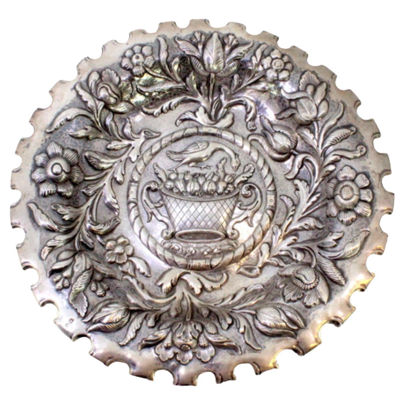 Silver tray w/ cutouts on the edge 
basket w/ fruit surrounded by spun flowers For Sale