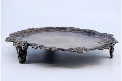 Silver tray w/ engravings, shells & florals on 3 raised feet