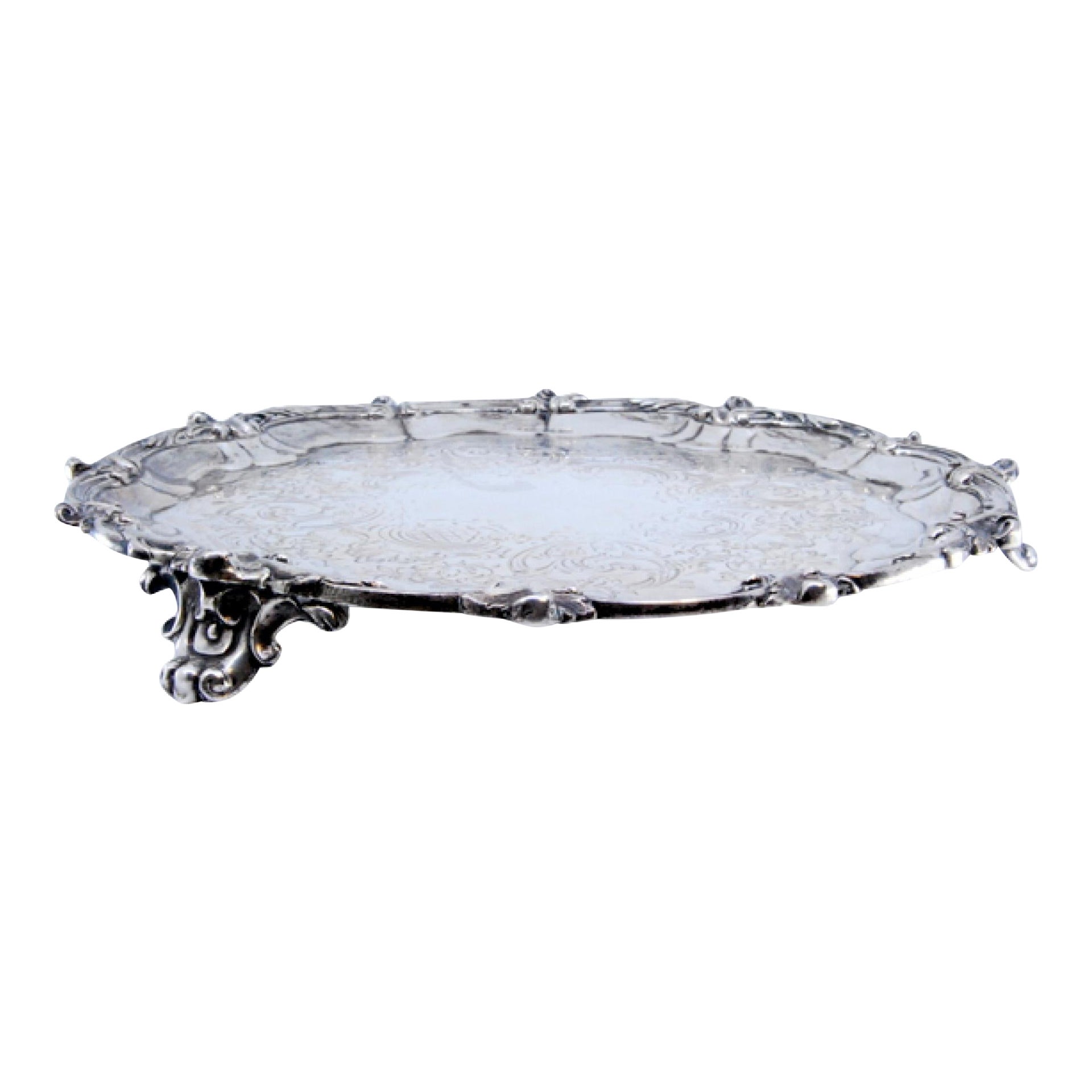 Silver tray w/ floral engravings, shell friezes 
3 feet